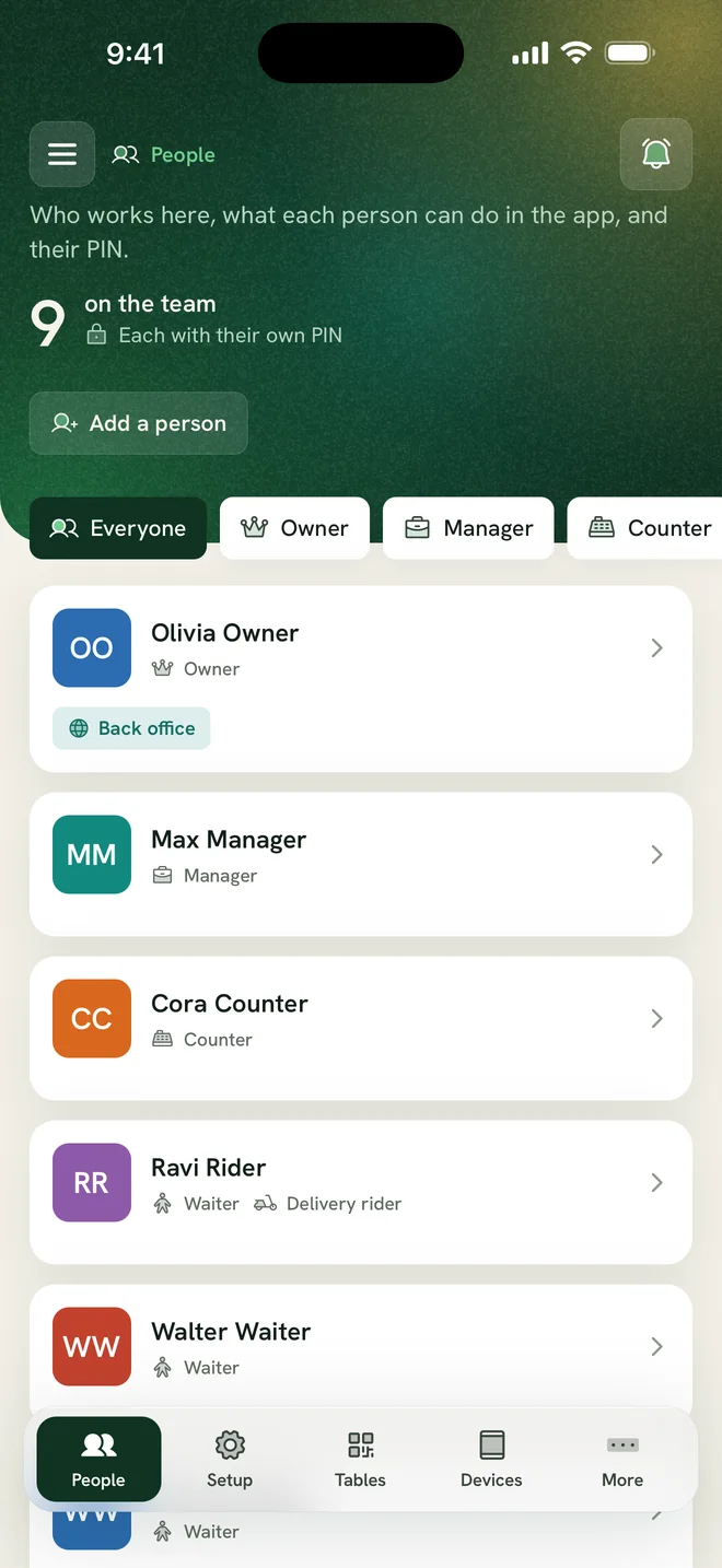 Staff and roles in the app
