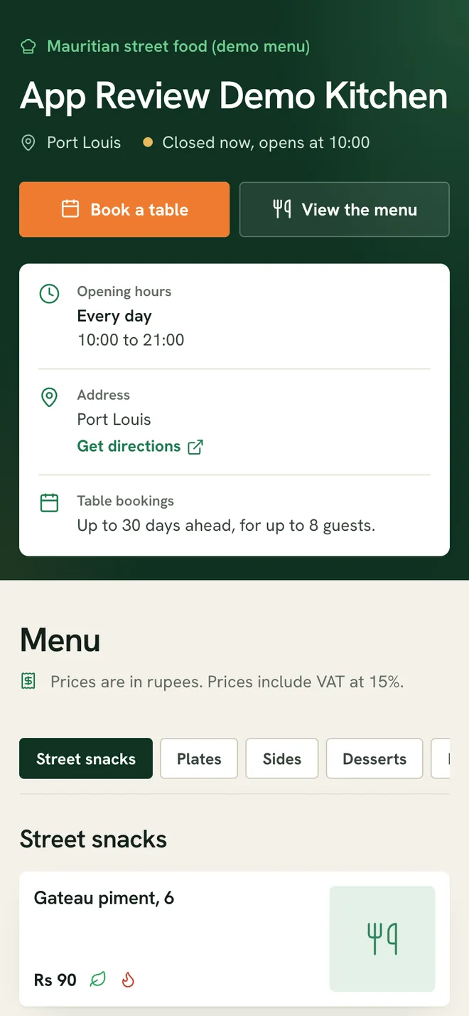 The restaurant’s public page