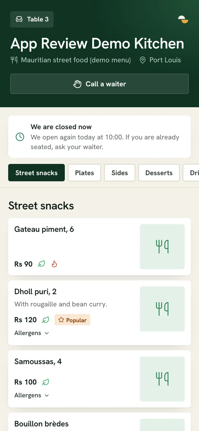 A table’s QR ordering page