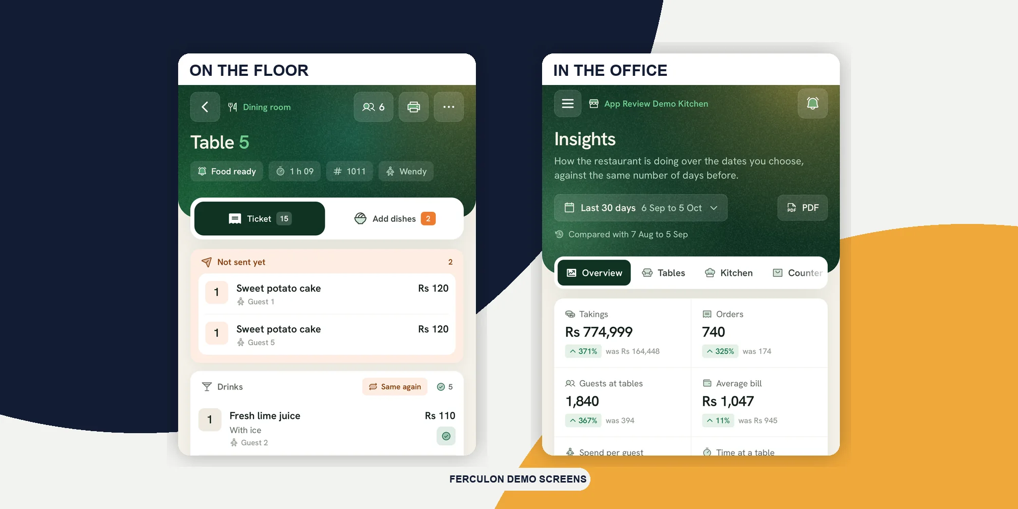 Ferculon demo order and office screens on a clean navy and saffron cover, showing mobile service and back-office access
