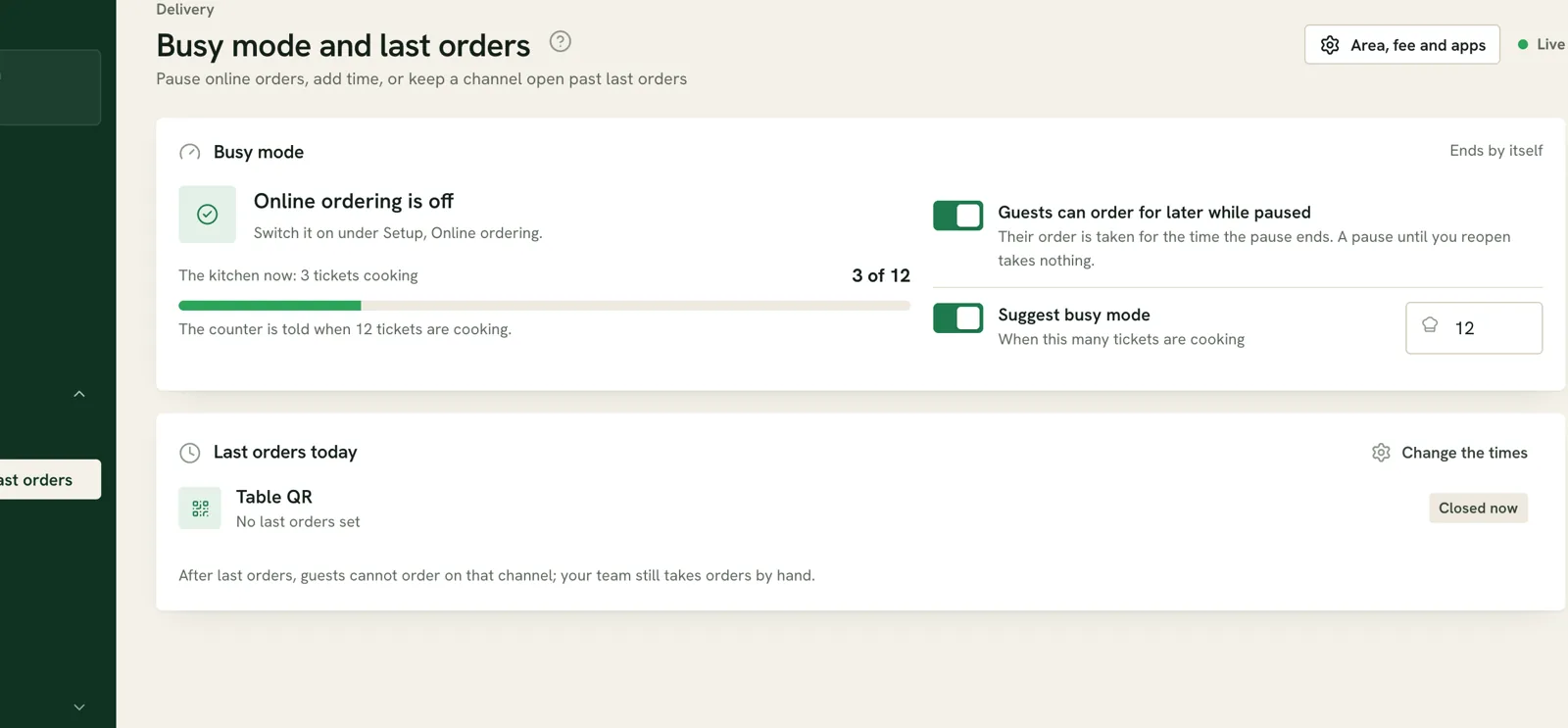 Ferculon demo office Busy mode and last orders screen showing channel controls and kitchen load