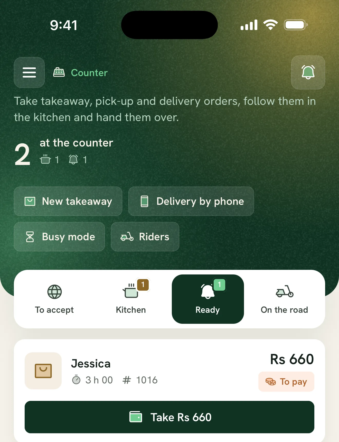 Ferculon demo counter app showing To accept, Kitchen, Ready and On the road lanes with rider controls