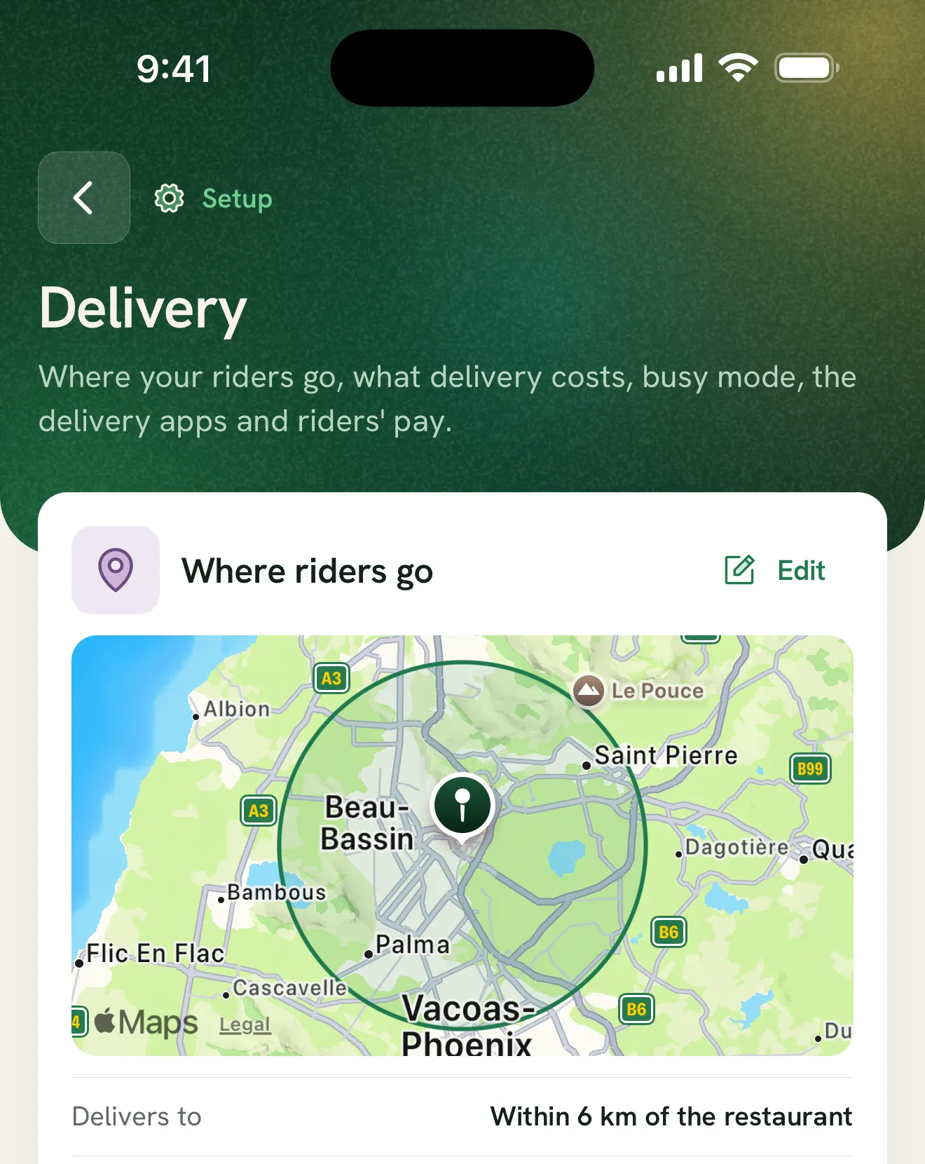 Ferculon demo app Delivery setup screen showing delivery area and location options