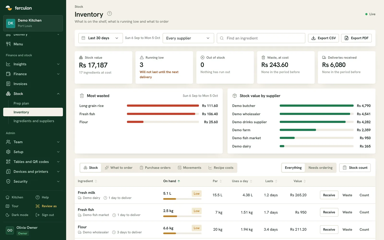 Ferculon demo Inventory screen with stock value, low stock, waste, deliveries and ingredient rows