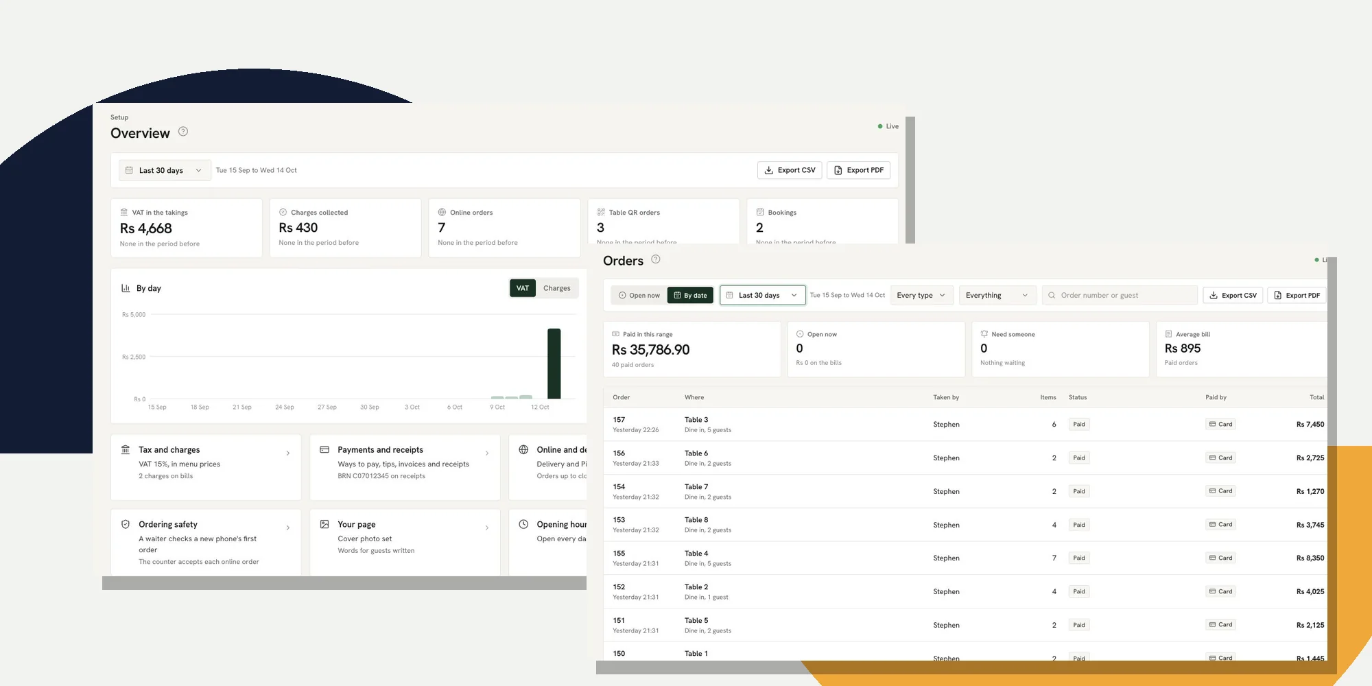 Ferculon demo restaurant setup overview and order history screens