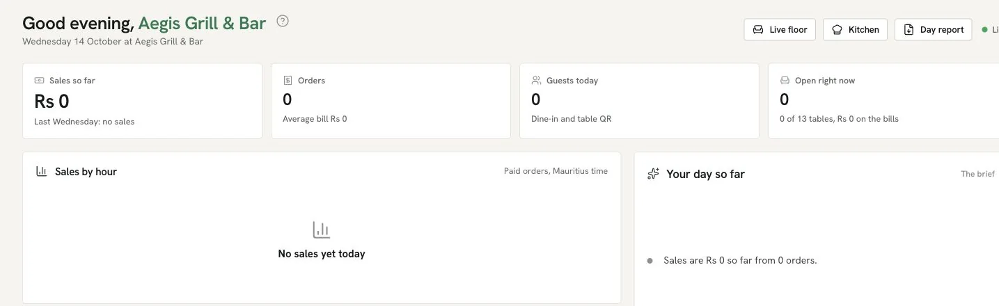 Ferculon demo Today dashboard before service with sales, orders, guests, open bills and sales-by-hour cards