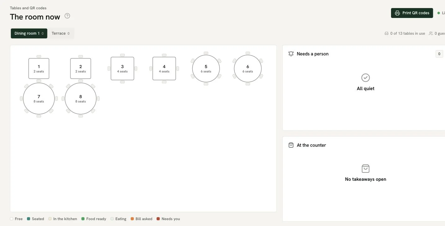 Ferculon demo live floor showing dining room tables, seat counts and the table status legend