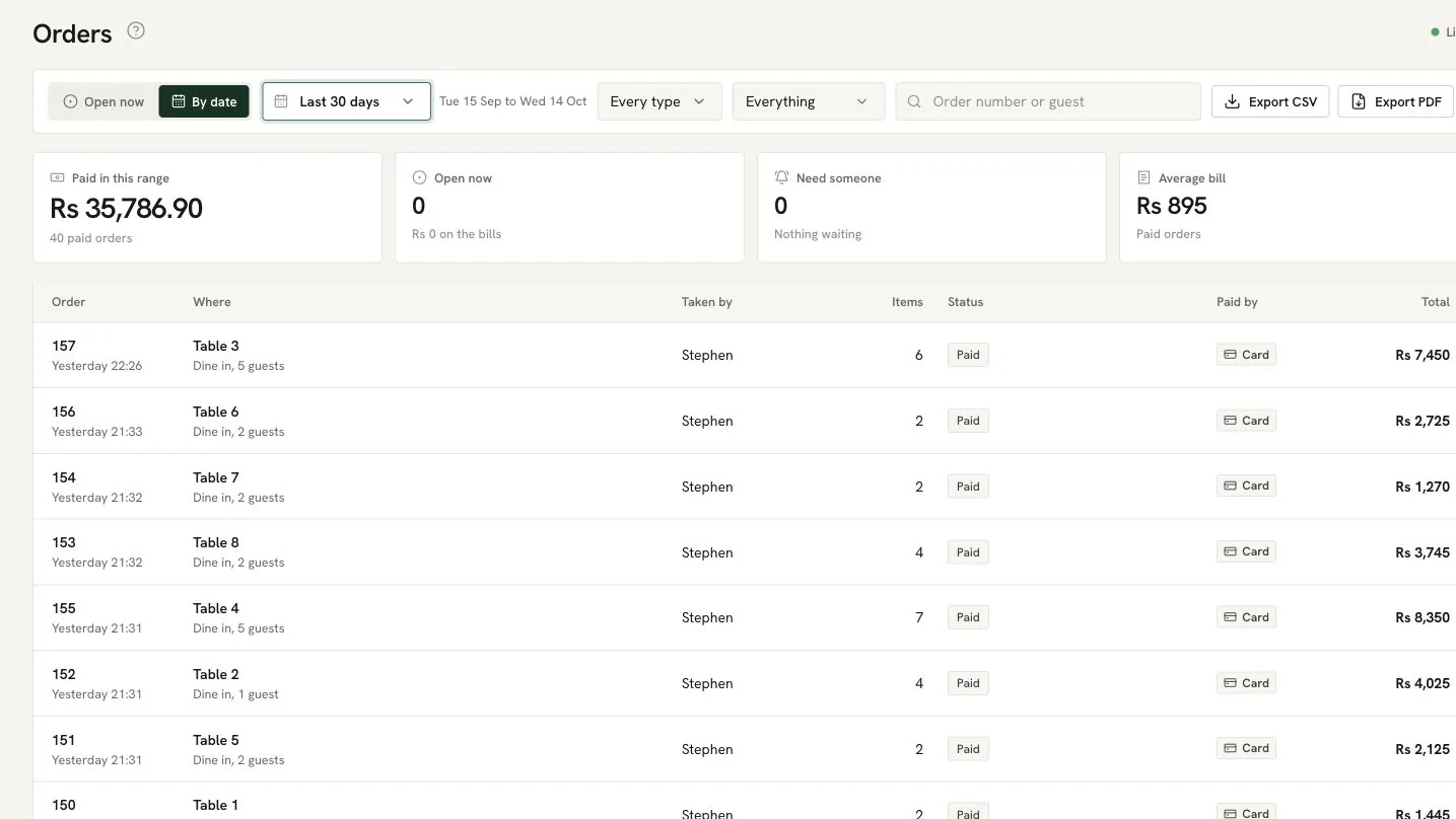 Ferculon demo Orders screen with date range, order-type filters, paid orders and table order rows