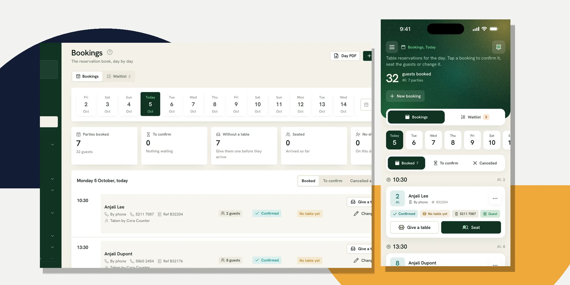 Demo restaurant reservation book on the back office and booking cards in the staff app