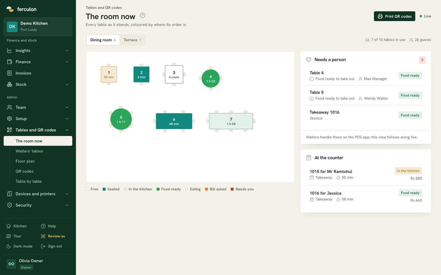 Demo restaurant live room with coloured tables and a list of items needing a person