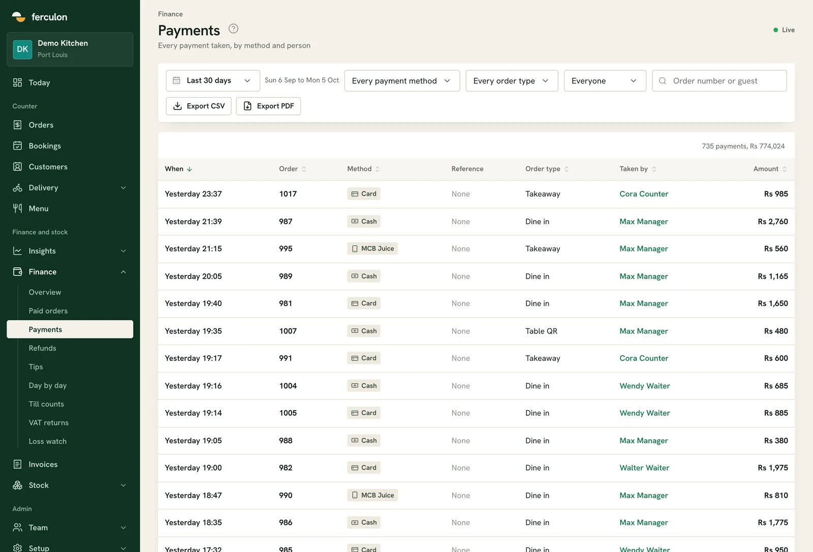 Every payment taken, listed by time, order, method, reference, order type and the staff member who took it