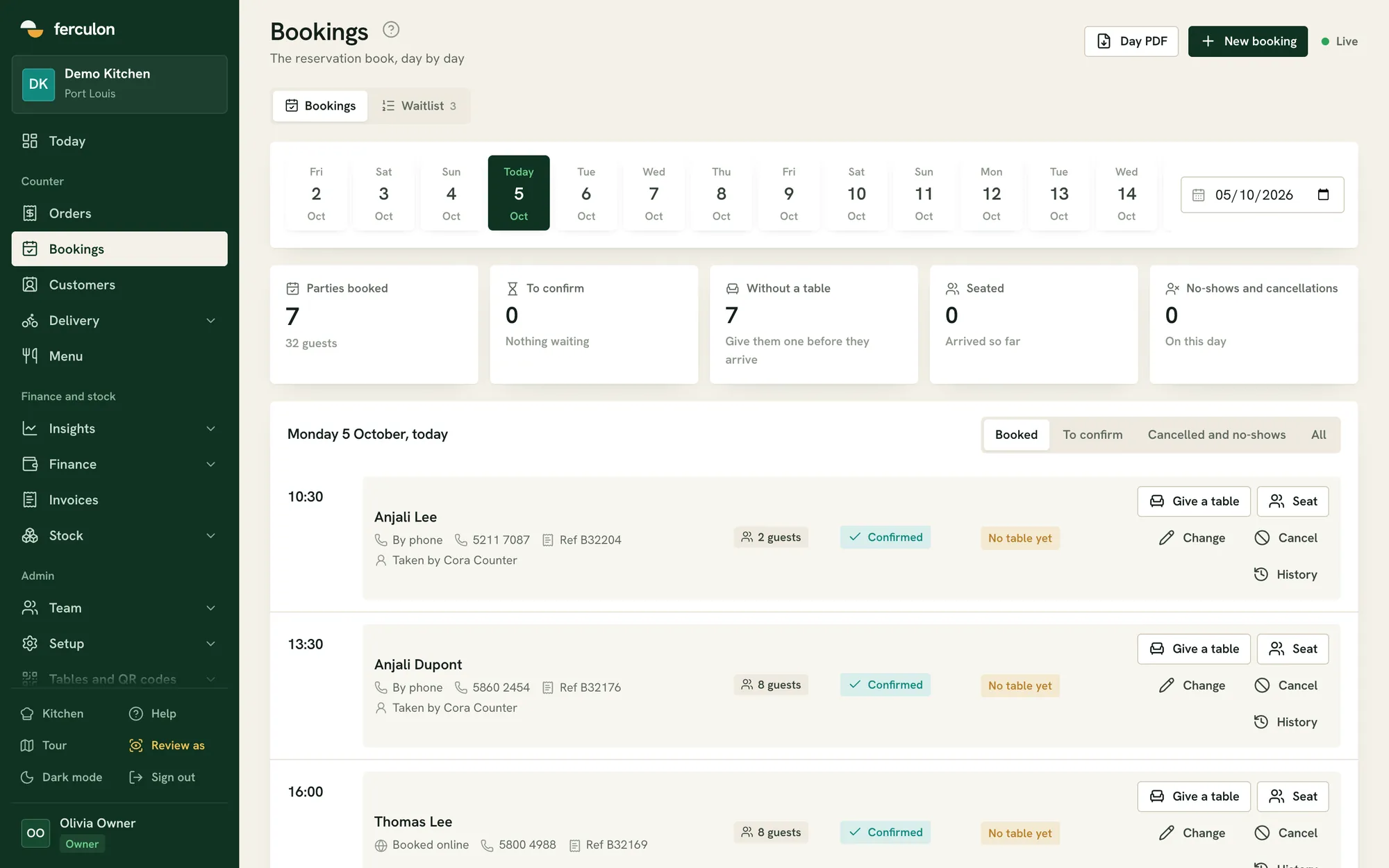 The bookings calendar