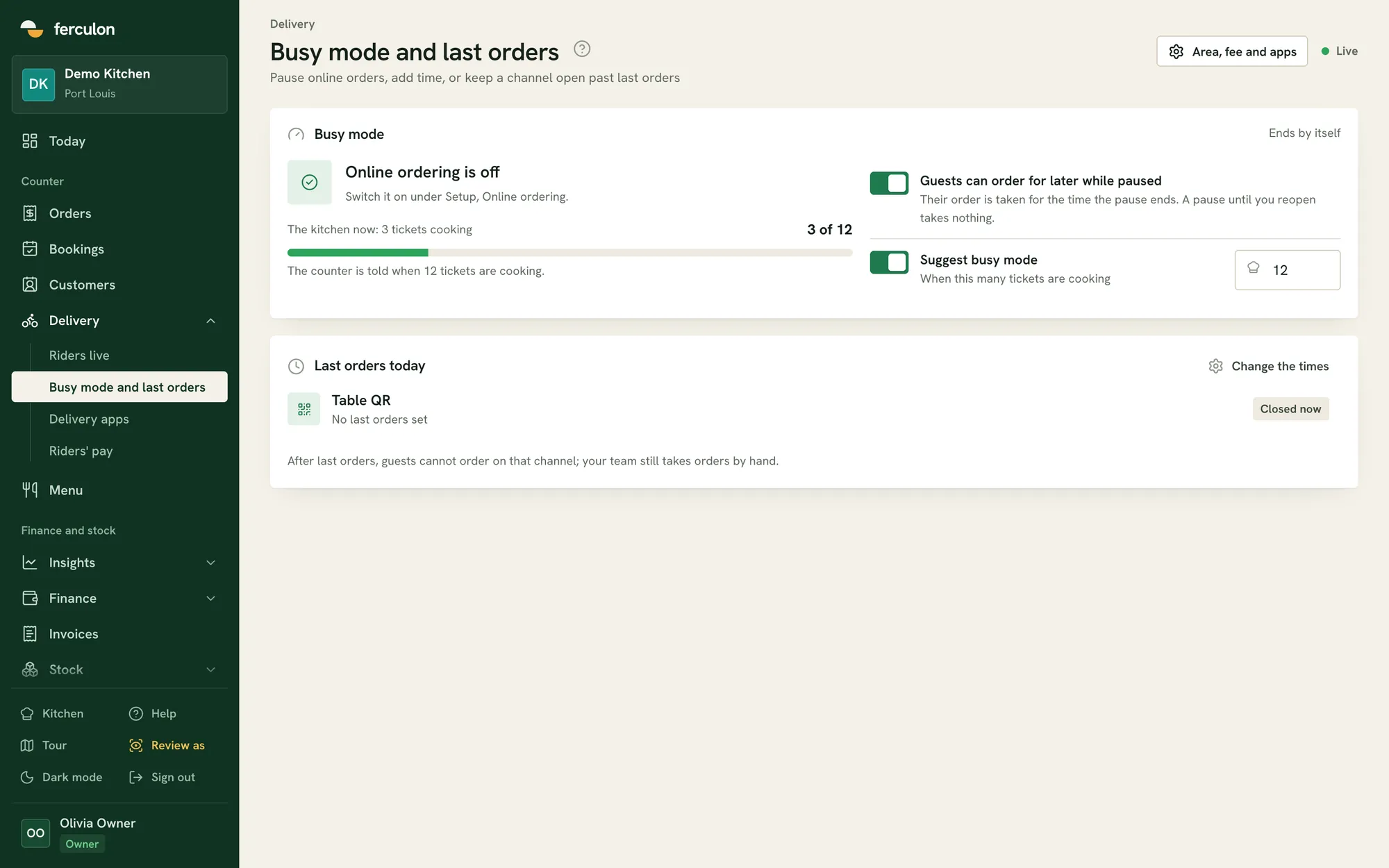 Busy mode and last orders settings