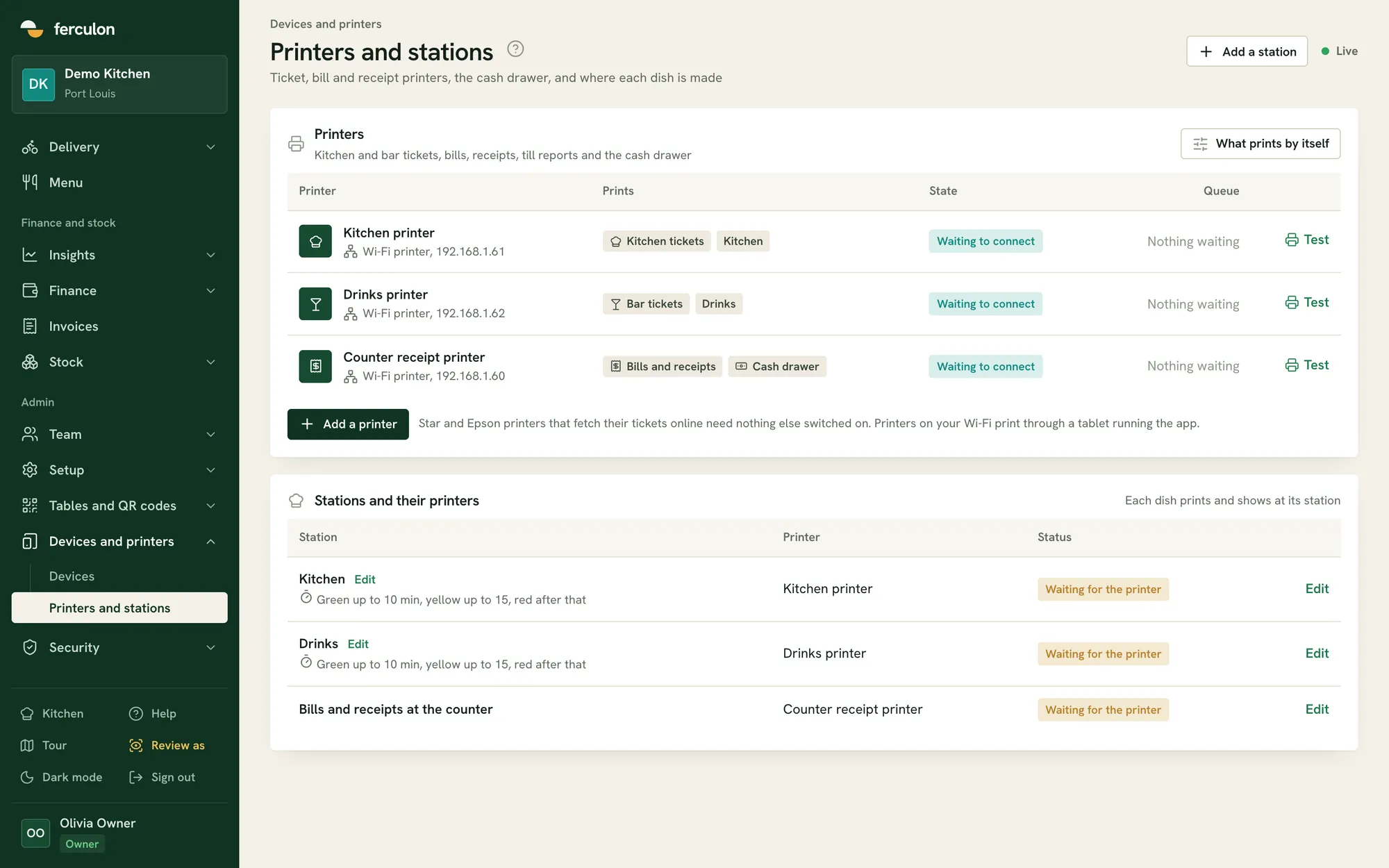 Printer and station settings