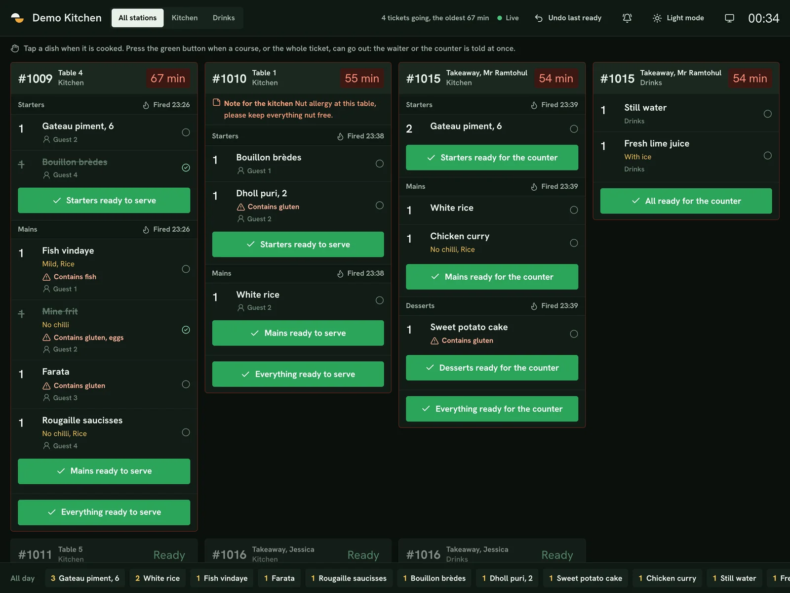 The Ferculon kitchen screen on an iPad: tickets by course, timers and allergens