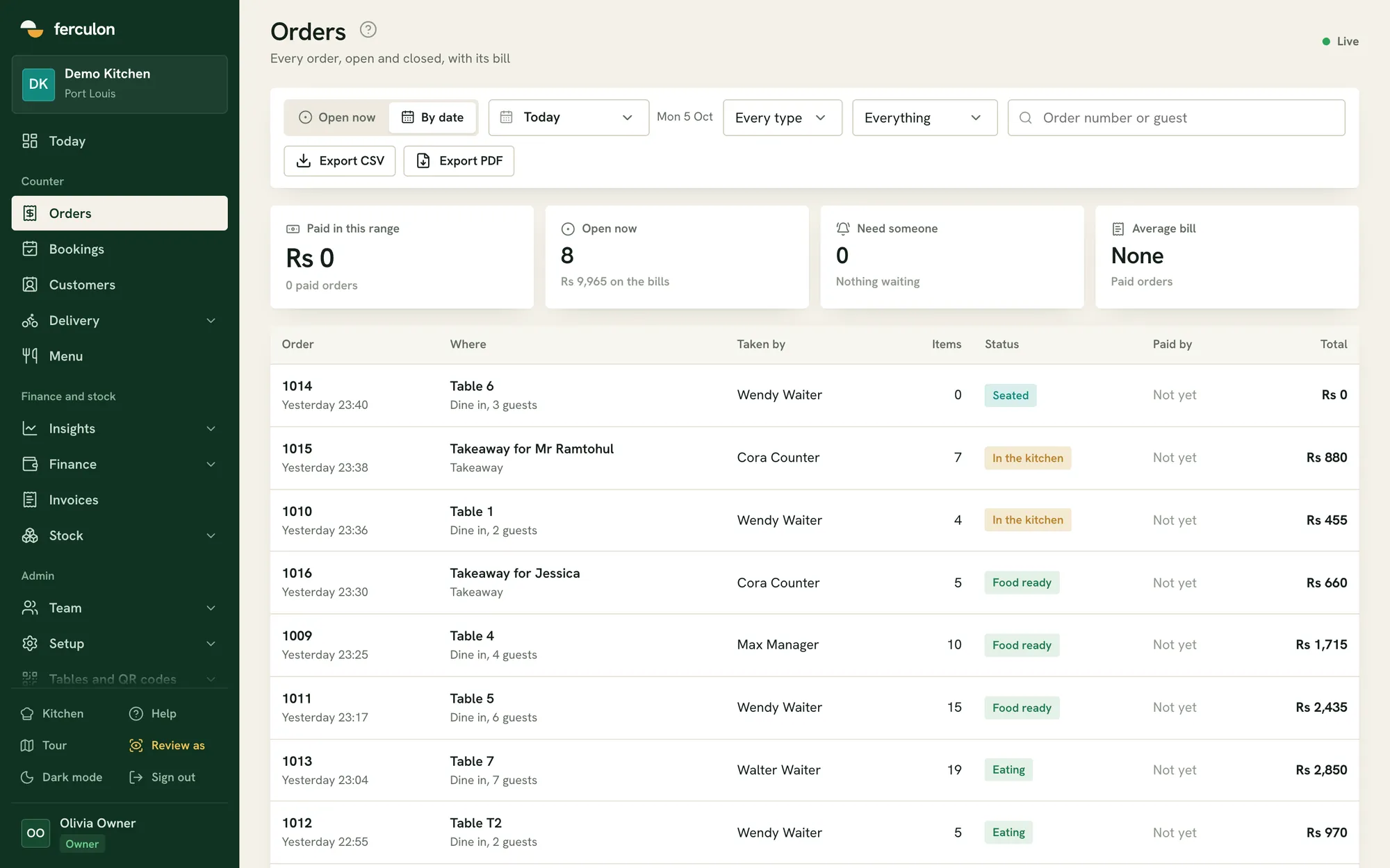 Ferculon back office: Orders