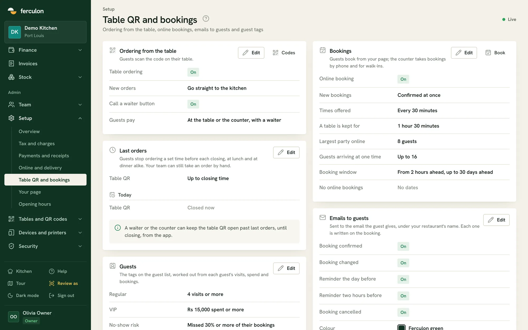 Settings for QR ordering and bookings
